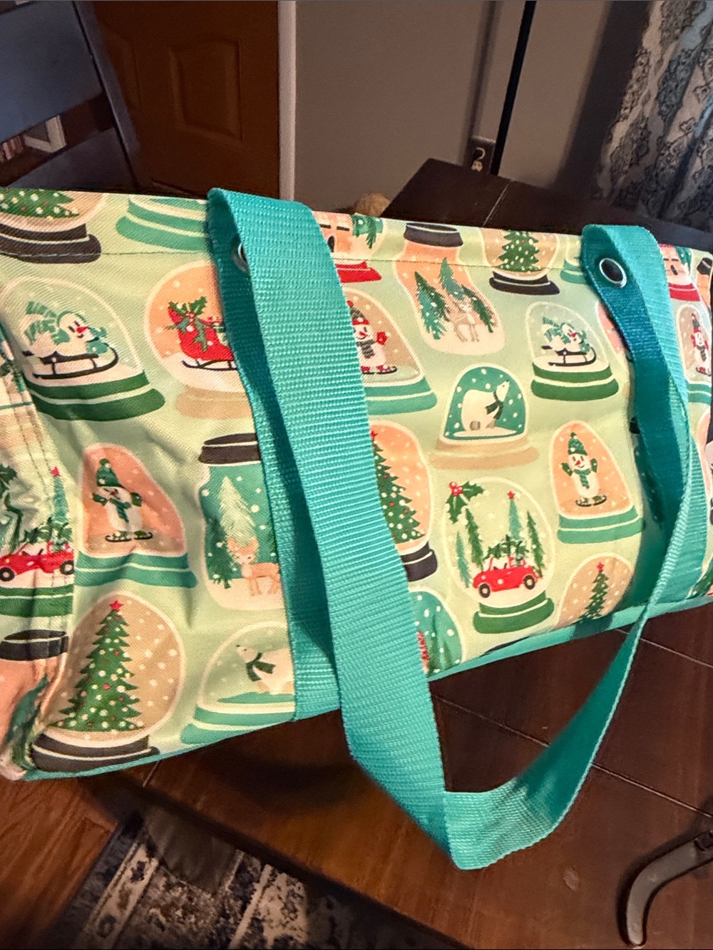 Holiday Snow Globe Tote - Aqua Handles - Picture 4 of 6